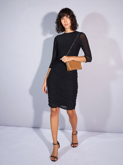 Black Mesh Ruched Midi Dress