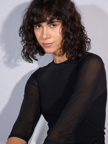 Black Mesh Ruched Midi Dress