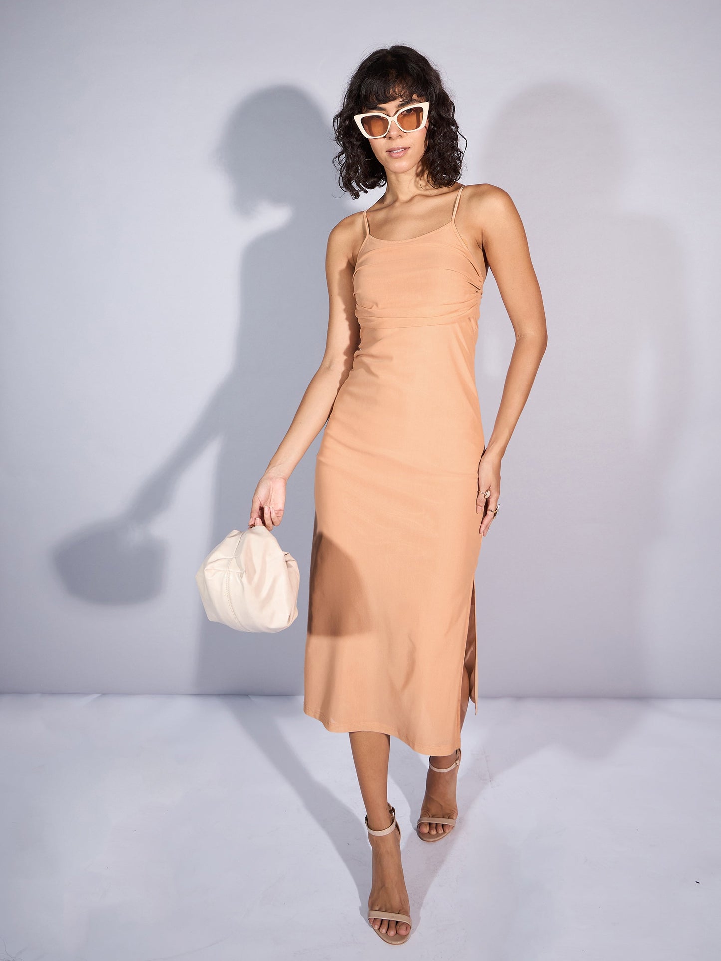 Beige Mesh Strappy Midi Dress