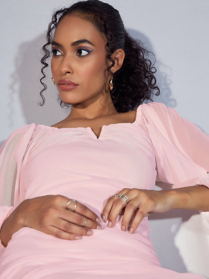 Pink Mesh Full Sleeve Ruched Midi Dress