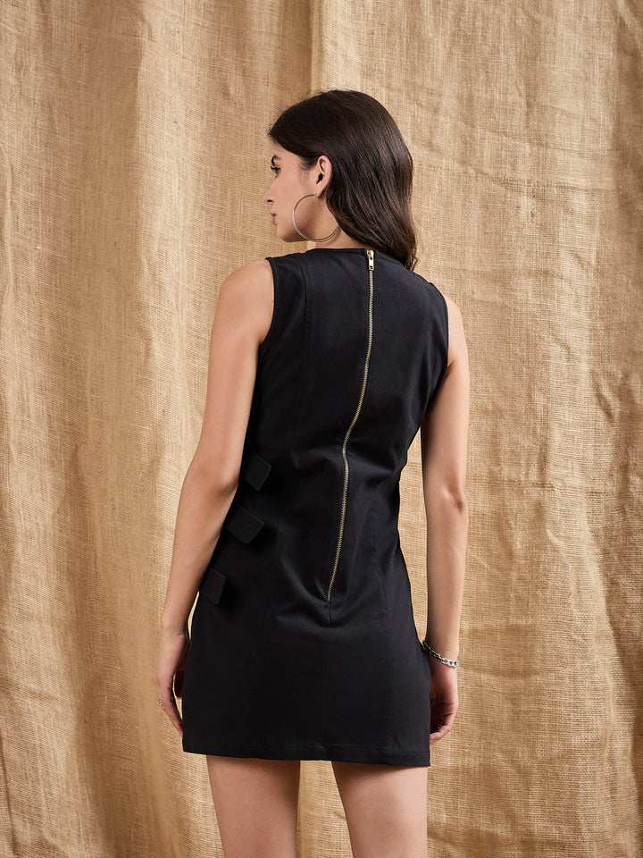Women Black Belt Detail Sleeveless Short Dress
