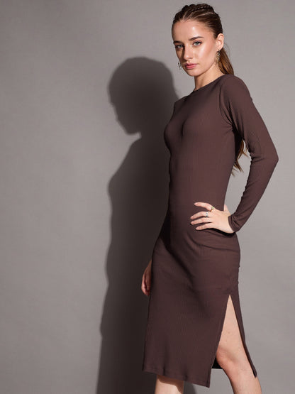 Brown Ribbed Side Slit Bodycon Dress
