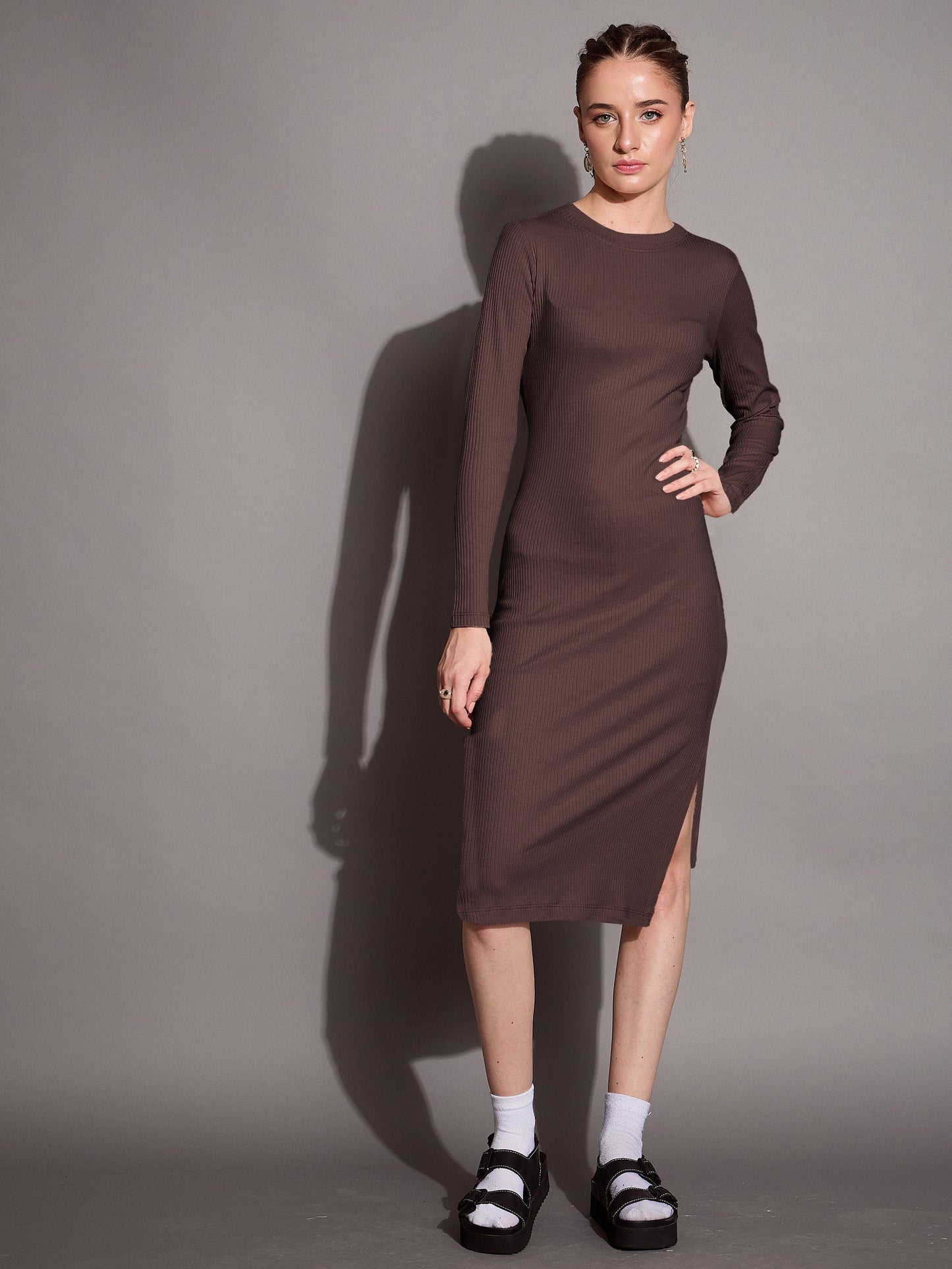 Brown Ribbed Side Slit Bodycon Dress