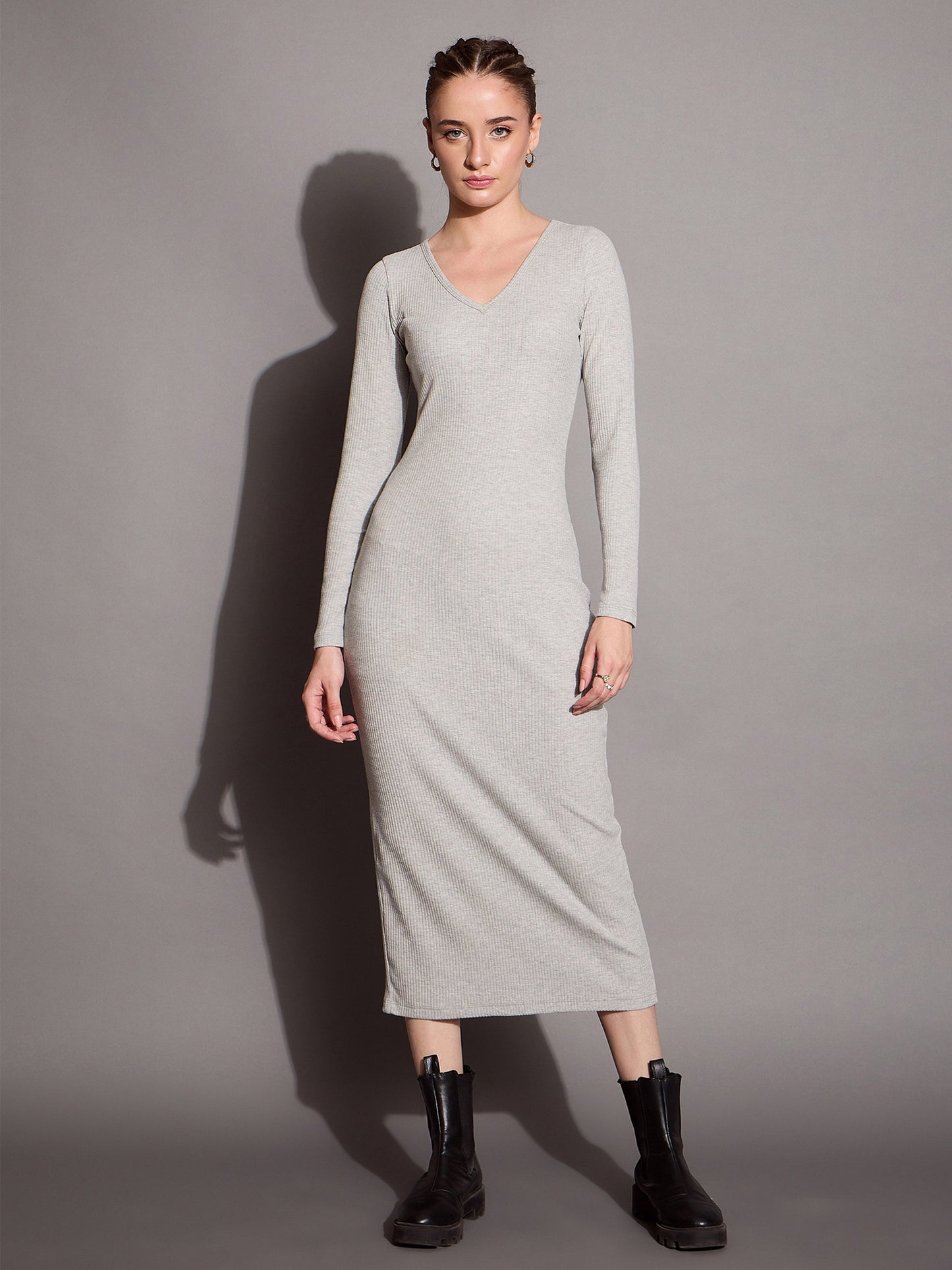 Grey Melange Ribbed V-Neck Full Sleeves Bodycon Dress