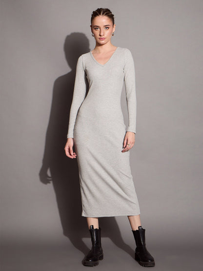 Grey Melange Ribbed V-Neck Full Sleeves Bodycon Dress