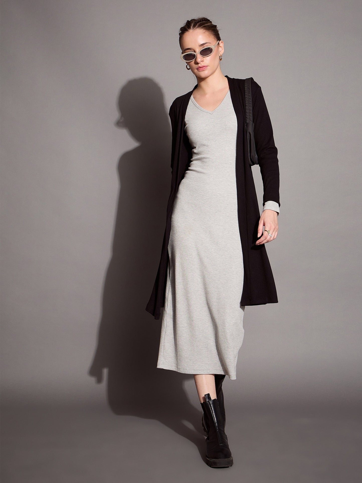 Grey Melange Ribbed V-Neck Full Sleeves Bodycon Dress