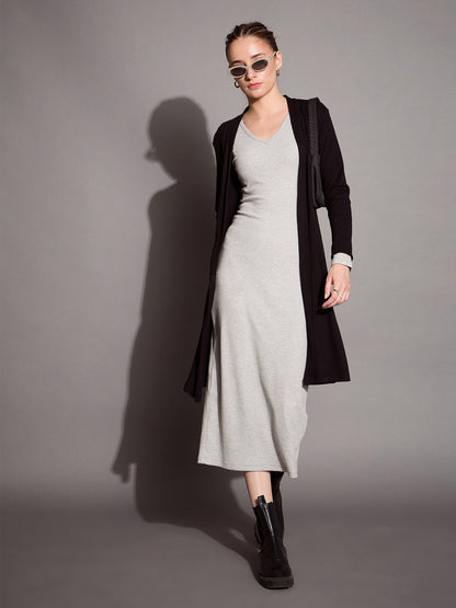Grey Melange Ribbed V-Neck Full Sleeves Bodycon Dress