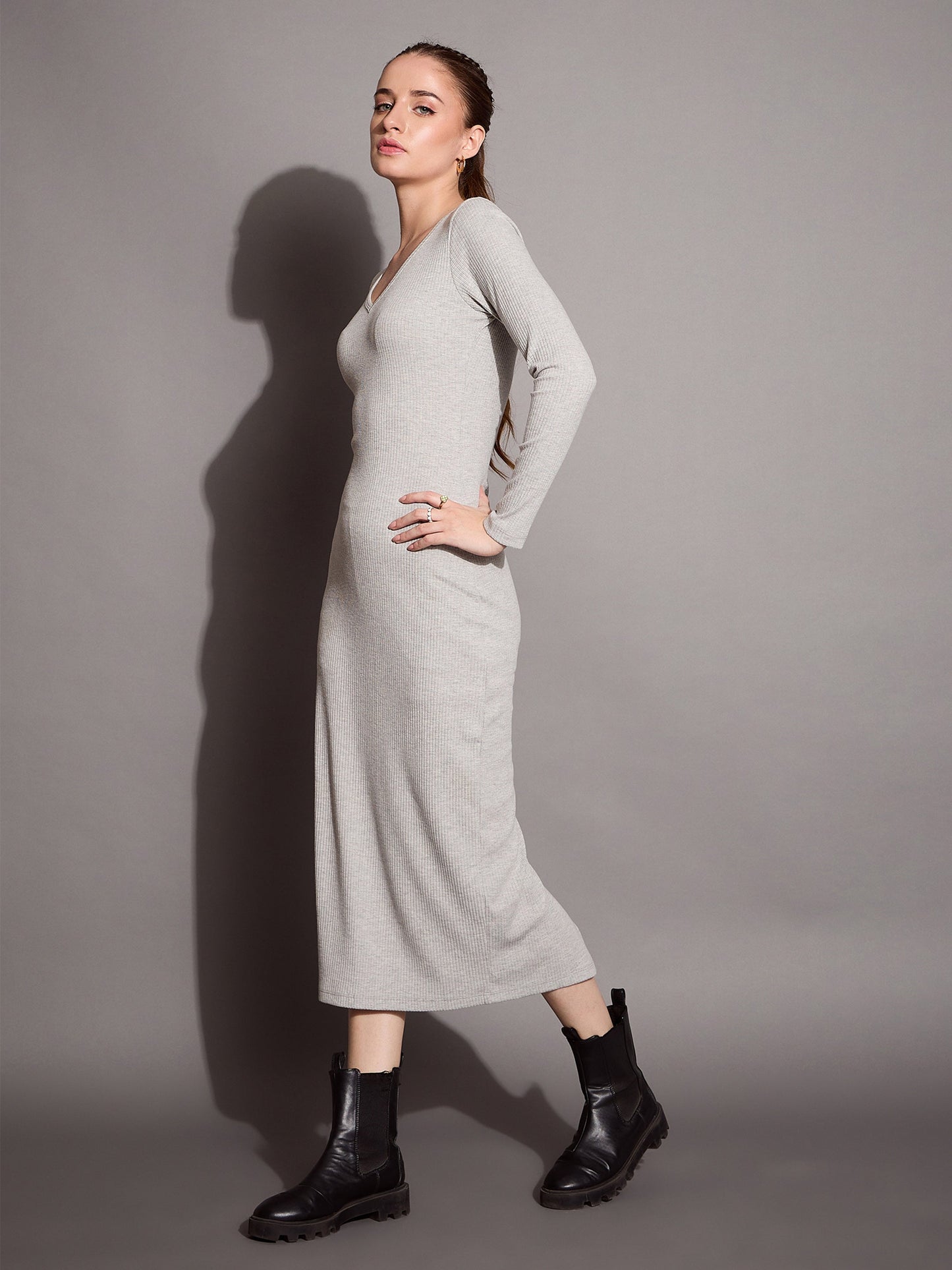 Grey Melange Ribbed V-Neck Full Sleeves Bodycon Dress