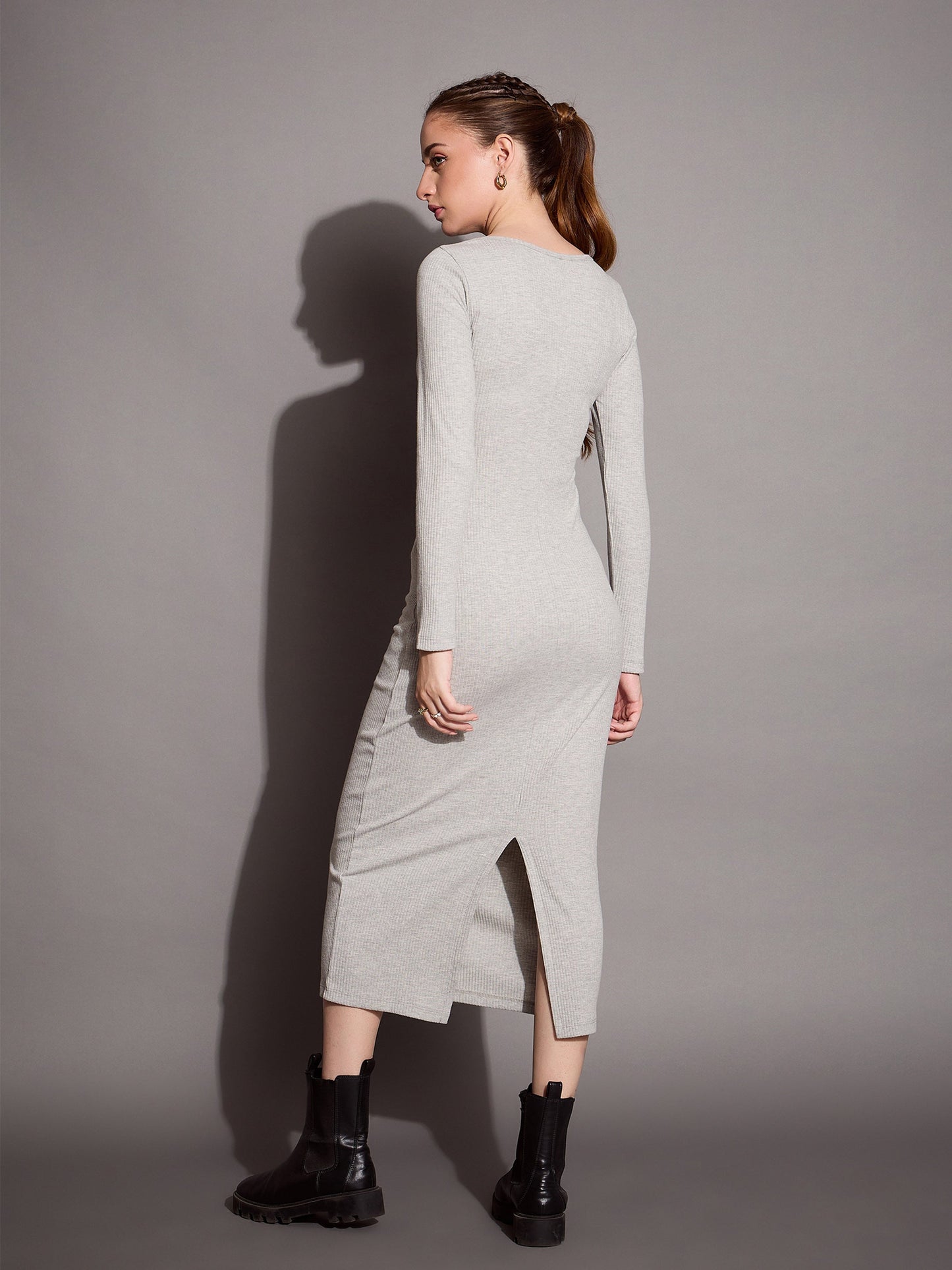 Grey Melange Ribbed V-Neck Full Sleeves Bodycon Dress