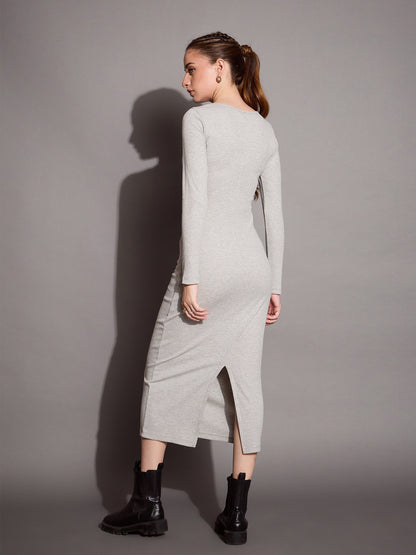 Grey Melange Ribbed V-Neck Full Sleeves Bodycon Dress