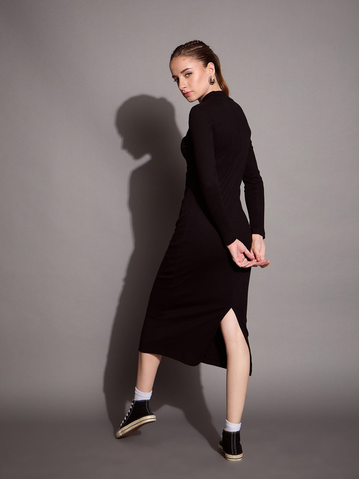 Women Black Ribbed Back Slit Full Sleeves Bodycon Dress