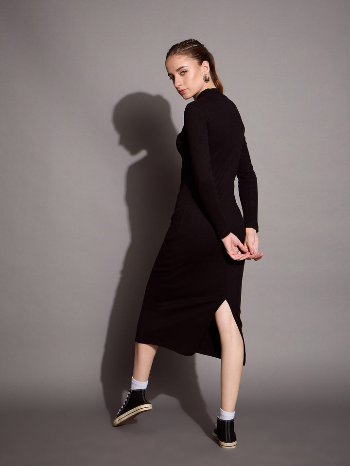 Women Black Ribbed Back Slit Full Sleeves Bodycon Dress
