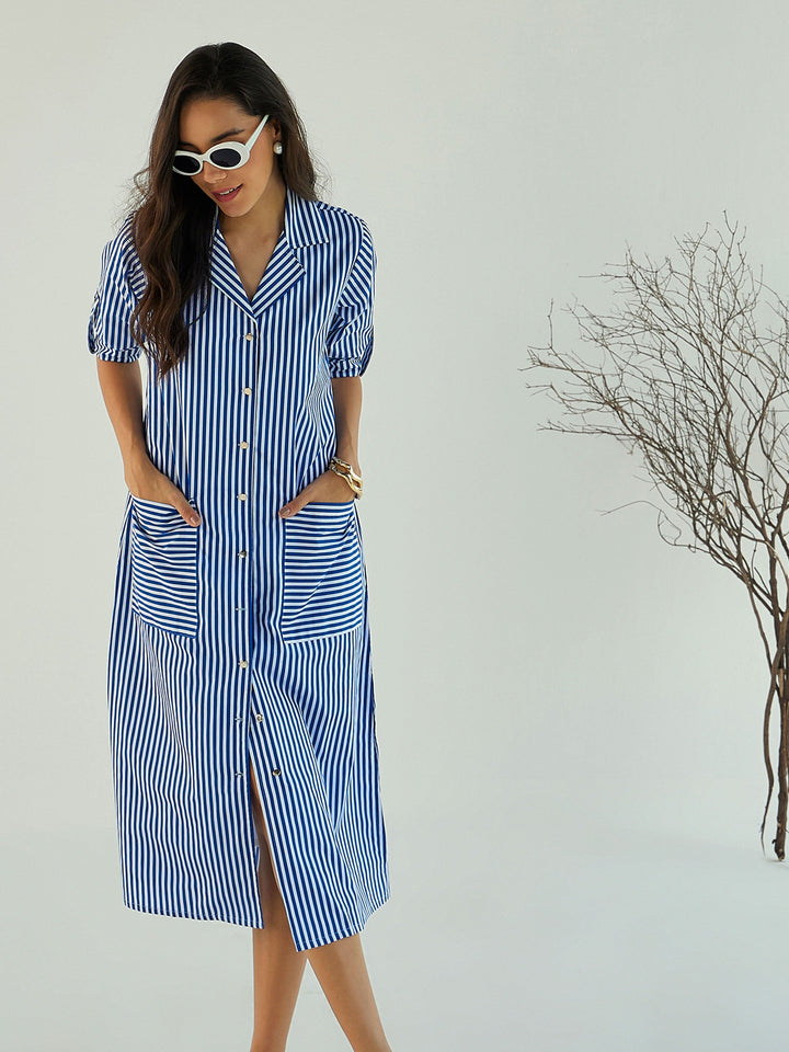 Women Blue &amp; White Stripe Notch Collar Midi Dress