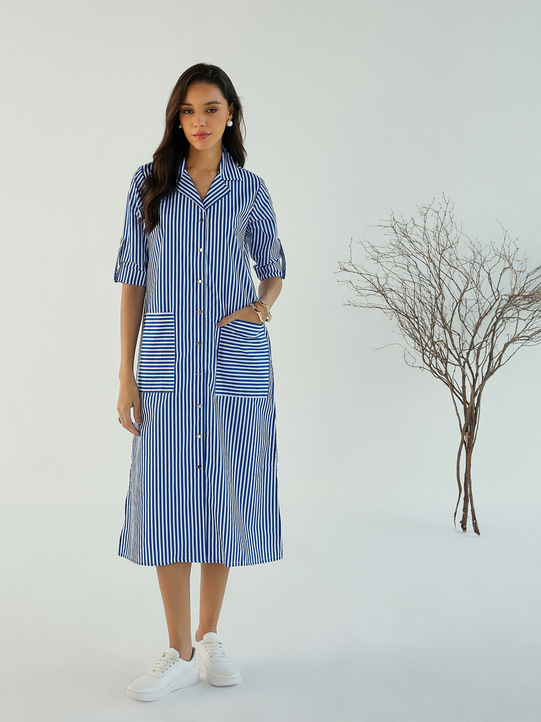 Women Blue &amp; White Stripe Notch Collar Midi Dress
