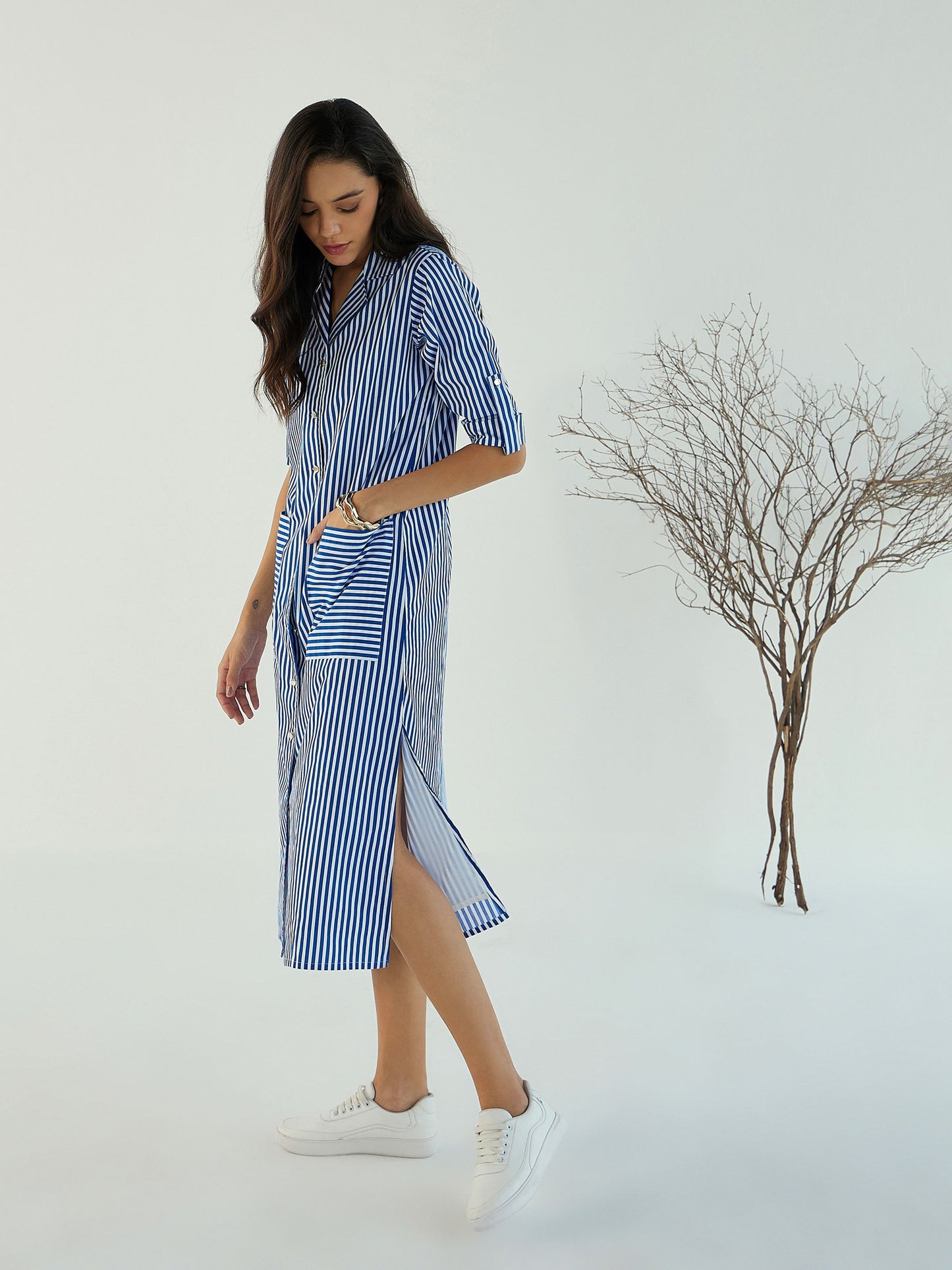 Women Blue & White Stripe Notch Collar Midi Dress