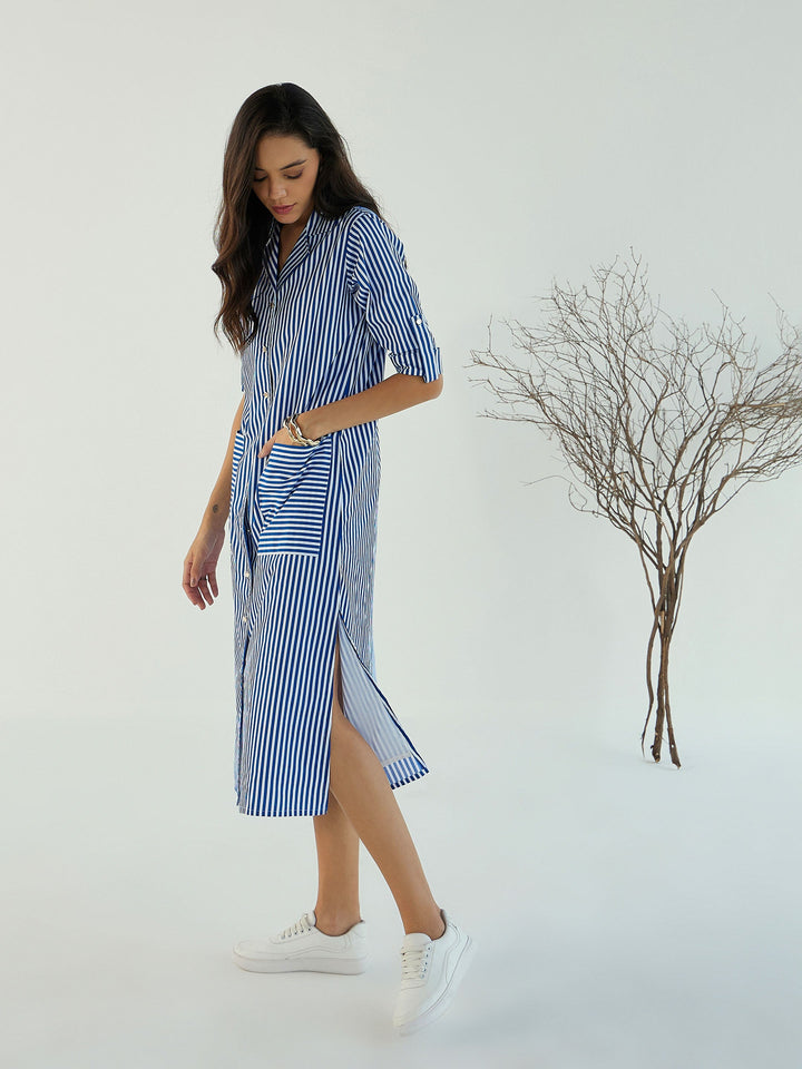 Women Blue &amp; White Stripe Notch Collar Midi Dress