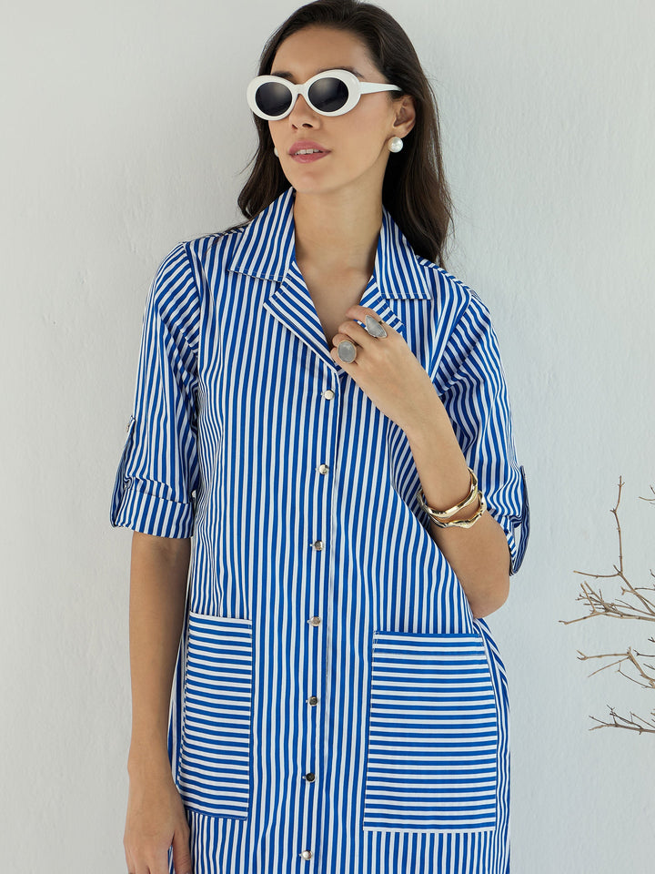Women Blue &amp; White Stripe Notch Collar Midi Dress