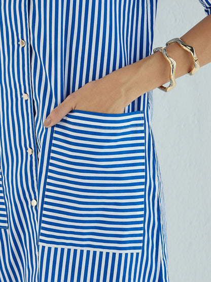 Women Blue & White Stripe Notch Collar Midi Dress