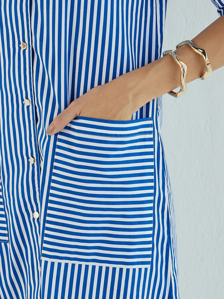 Women Blue &amp; White Stripe Notch Collar Midi Dress