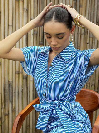 Women Blue & White Stripe Front Ruched Midi Dress