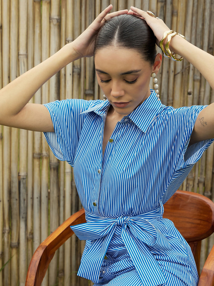 Women Blue &amp; White Stripe Front Ruched Midi Dress