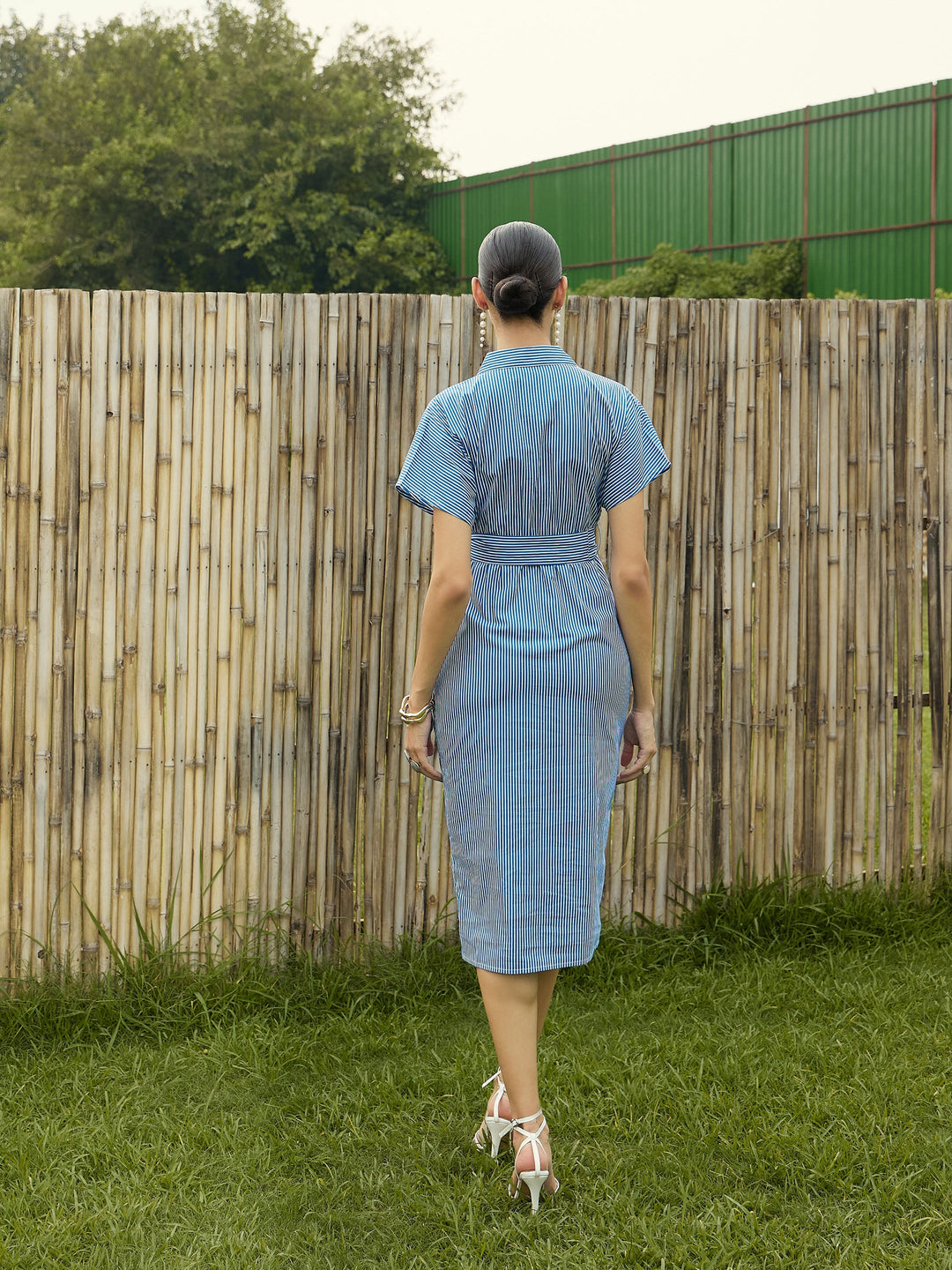 Women Blue &amp; White Stripe Front Ruched Midi Dress
