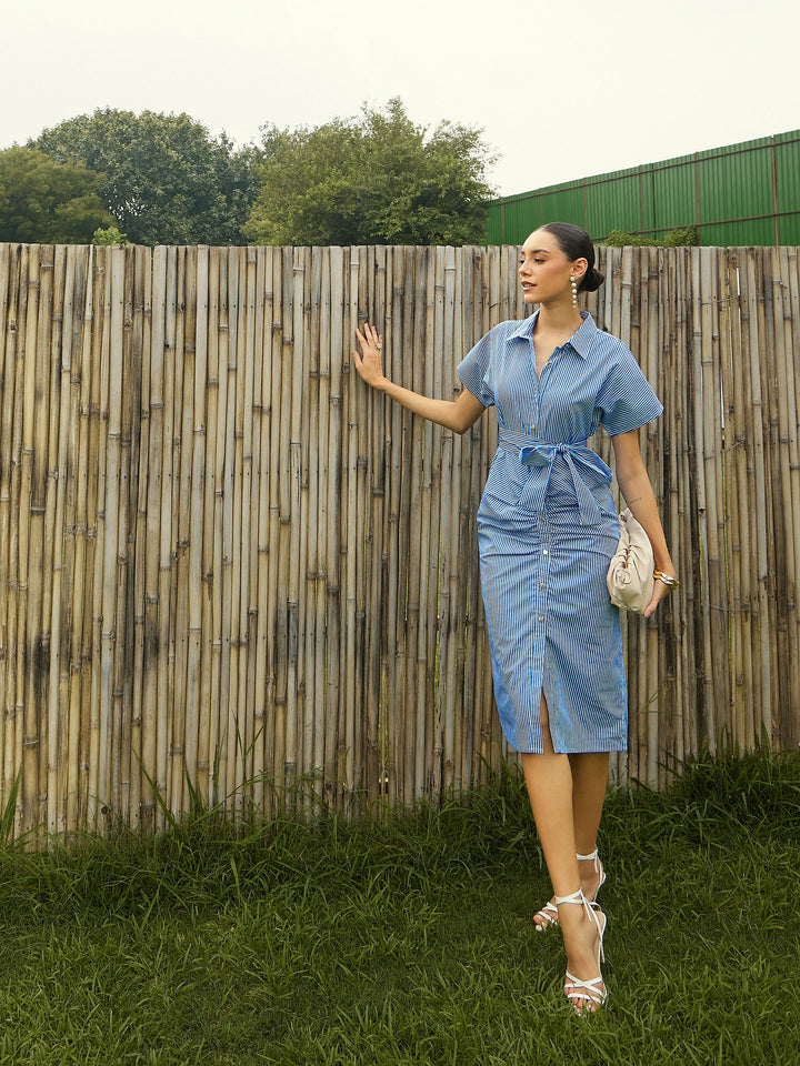 Women Blue &amp; White Stripe Front Ruched Midi Dress
