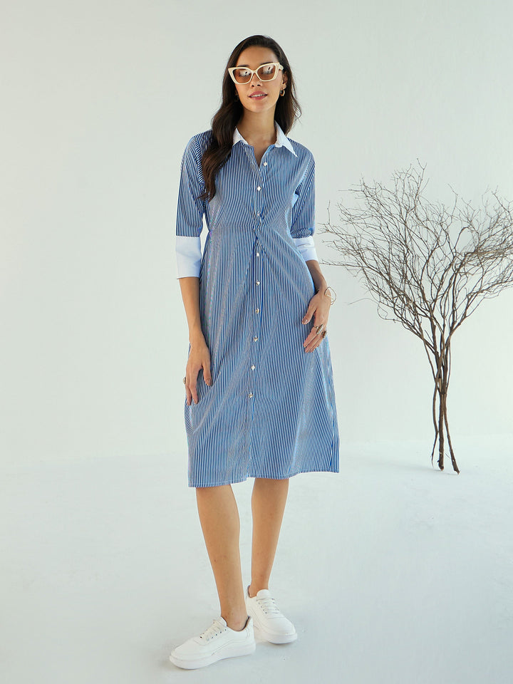 Women Blue &amp; White Stripe Contrast Collar Midi Dress