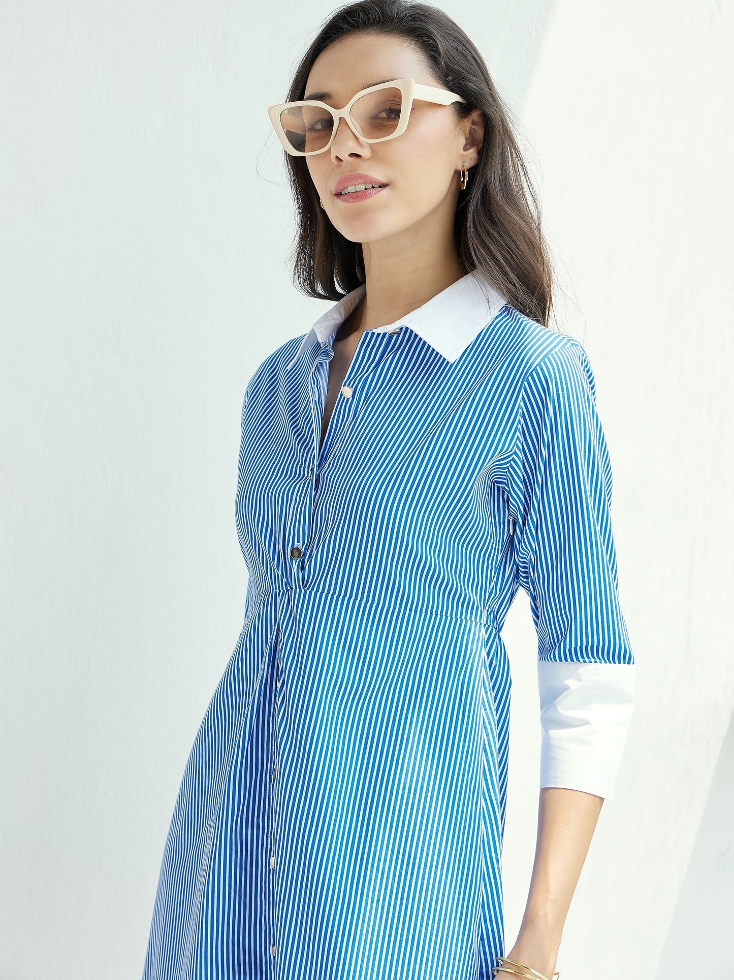 Women Blue & White Stripe Contrast Collar Midi Dress