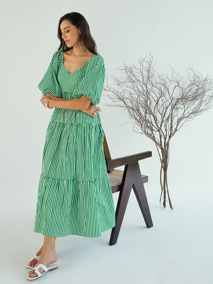 Women Green &amp; White Stripe V-Neck Tiered Dress