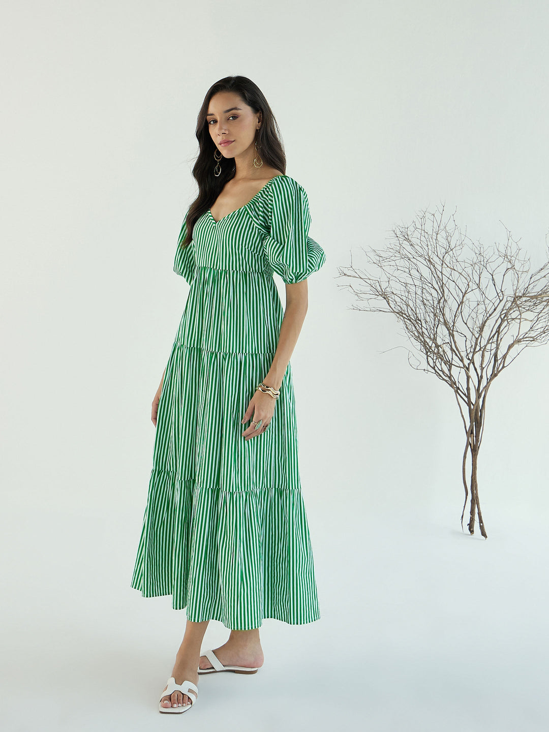 Women Green &amp; White Stripe V-Neck Tiered Dress