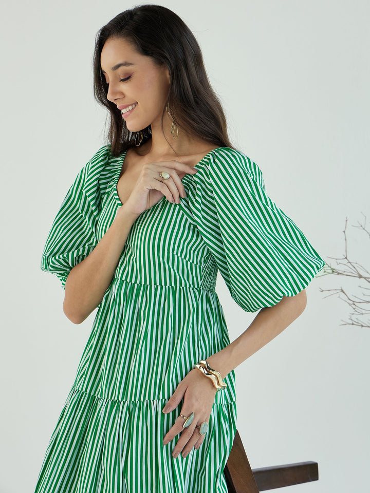Women Green &amp; White Stripe V-Neck Tiered Dress