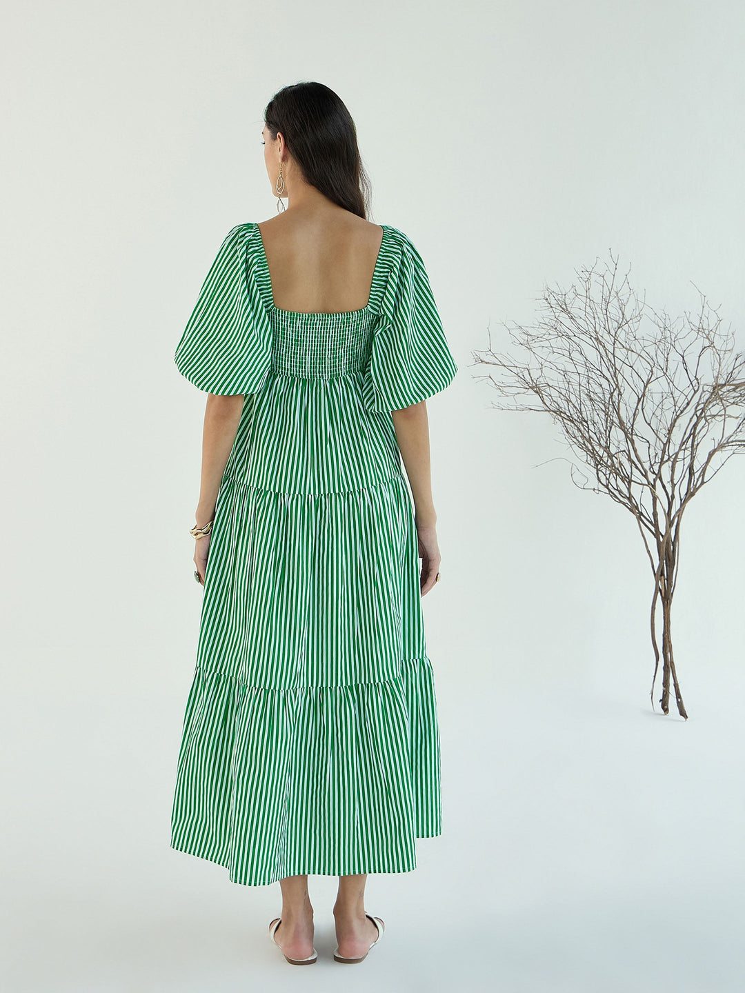 Women Green &amp; White Stripe V-Neck Tiered Dress