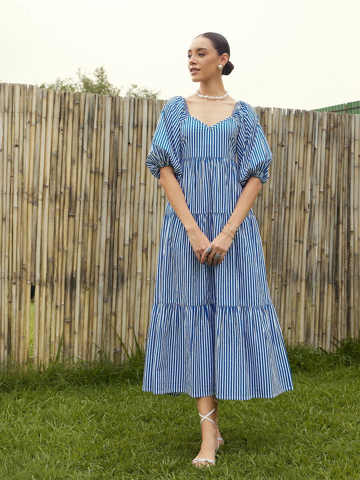 Women Blue &amp; White Stripe V-Neck Tiered Dress