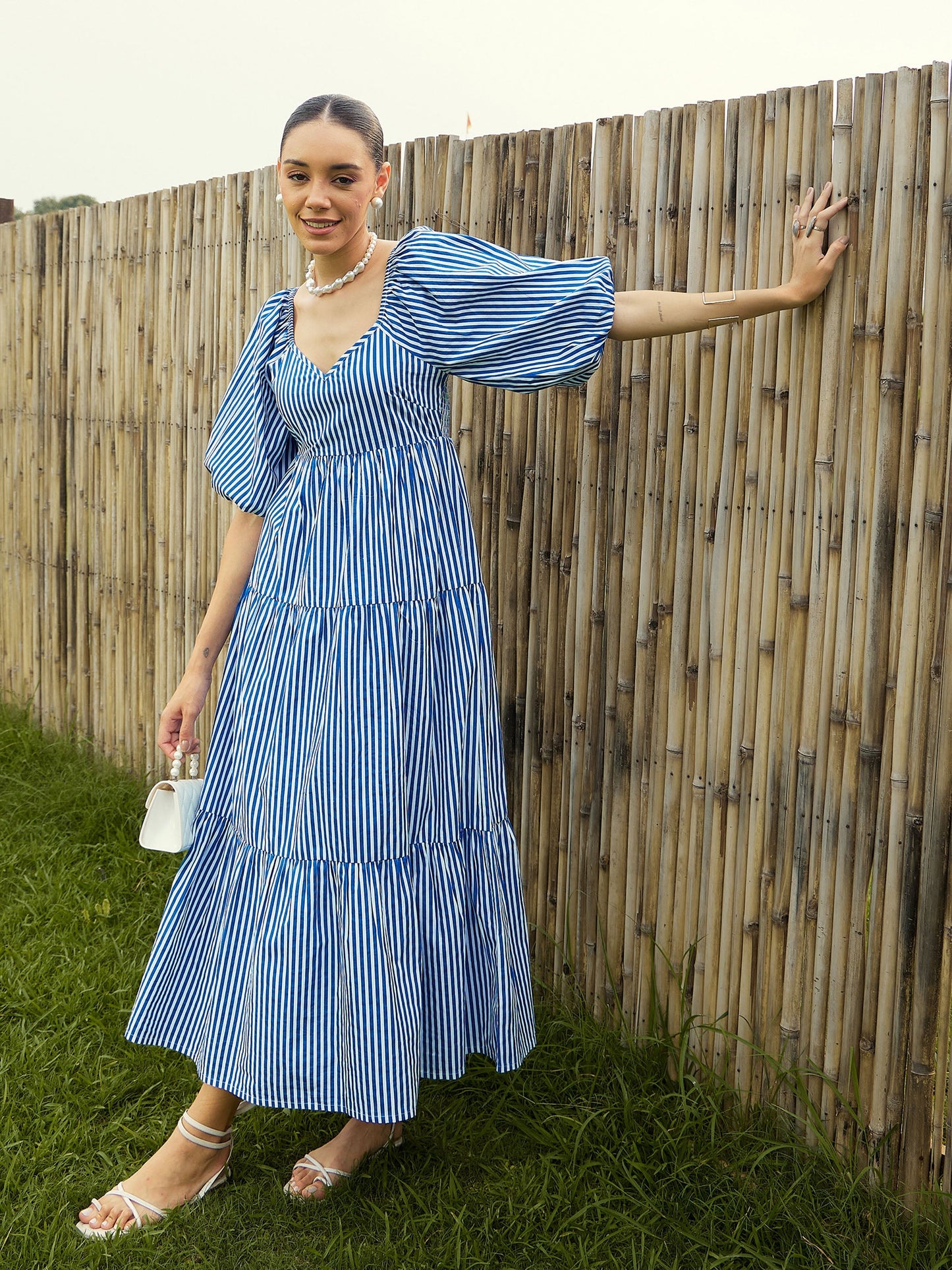 Women Blue & White Stripe V-Neck Tiered Dress
