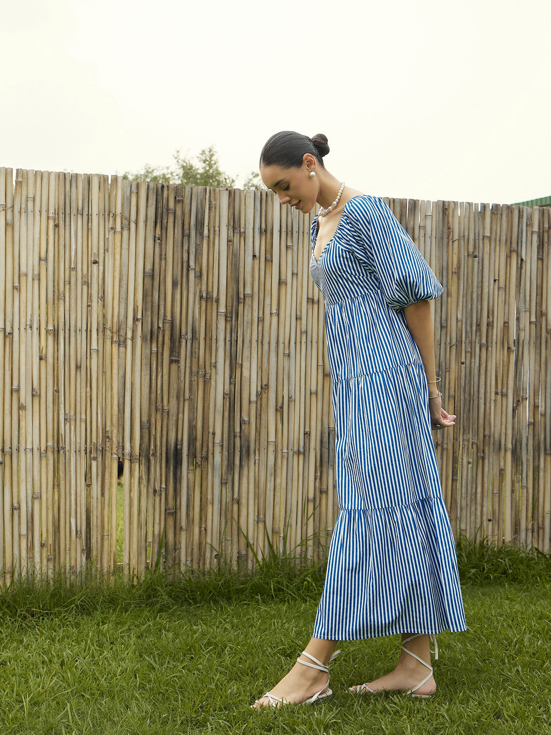 Women Blue &amp; White Stripe V-Neck Tiered Dress
