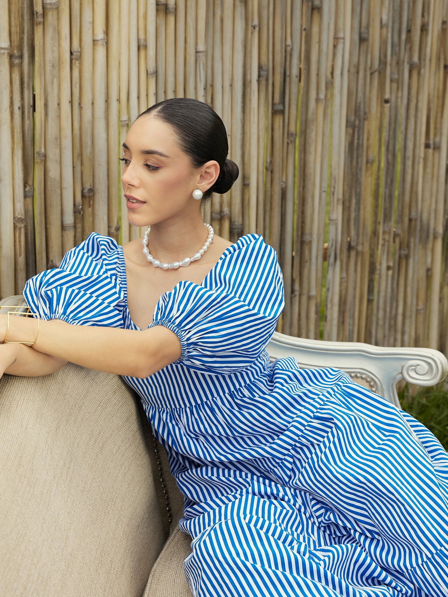 Women Blue & White Stripe V-Neck Tiered Dress