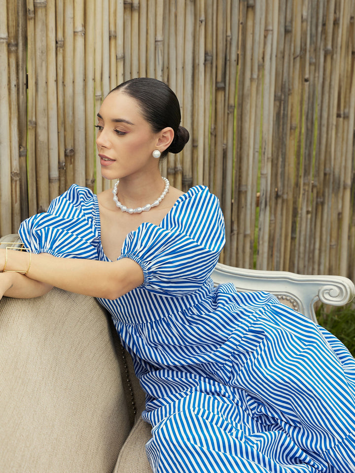 Women Blue &amp; White Stripe V-Neck Tiered Dress