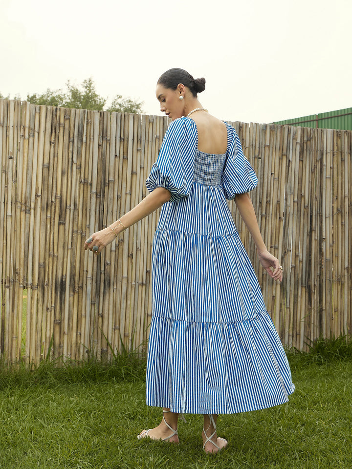 Women Blue &amp; White Stripe V-Neck Tiered Dress