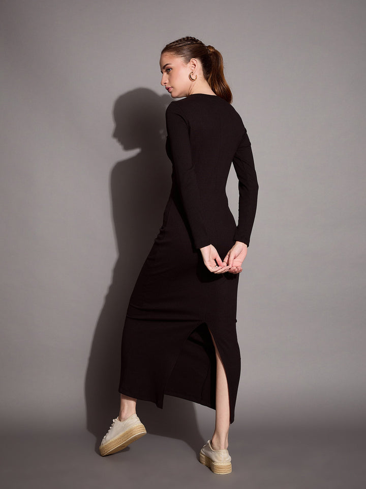Women Black Ribbed Bodycon Maxi Dress