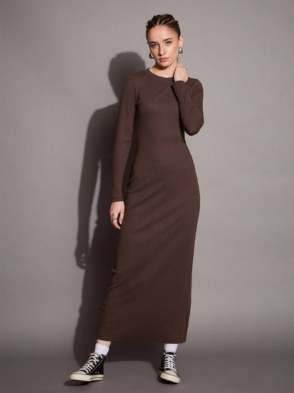 Women Brown Ribbed Bodycon Maxi Dress