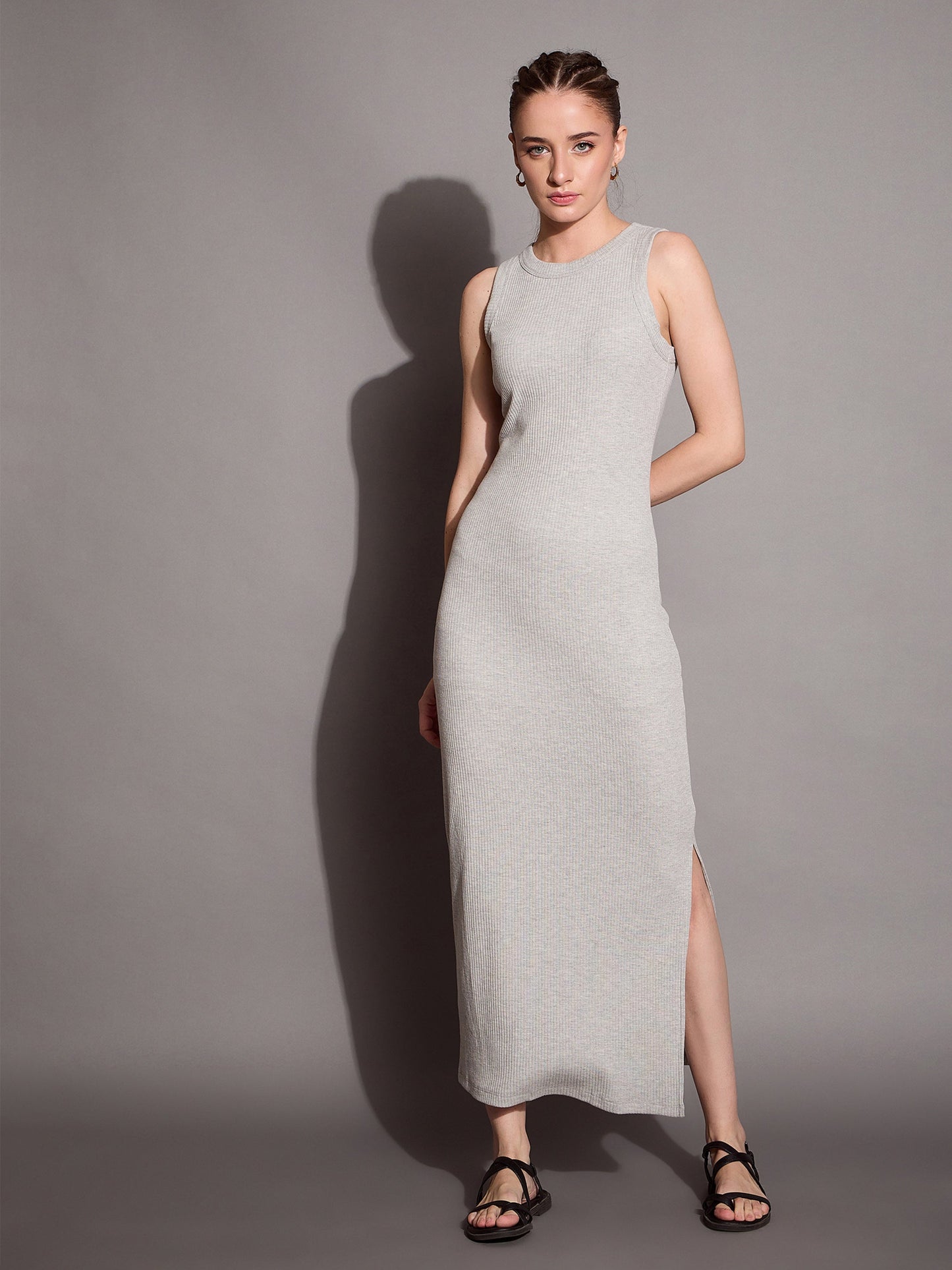 Grey Melange Ribbed Sleeveless Bodycon Maxi Dress