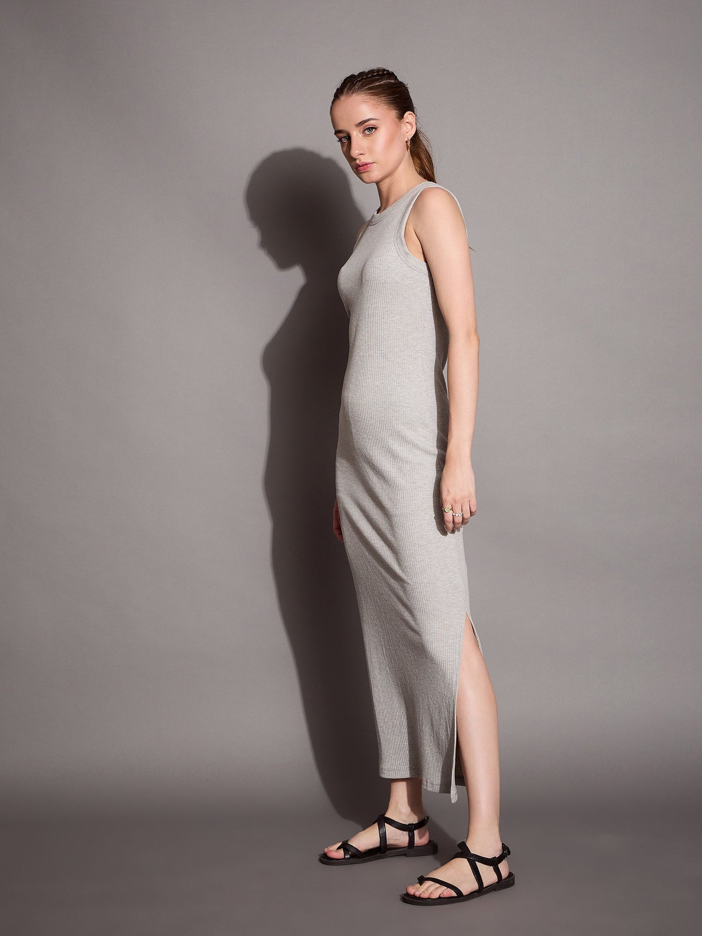 Grey Melange Ribbed Sleeveless Bodycon Maxi Dress