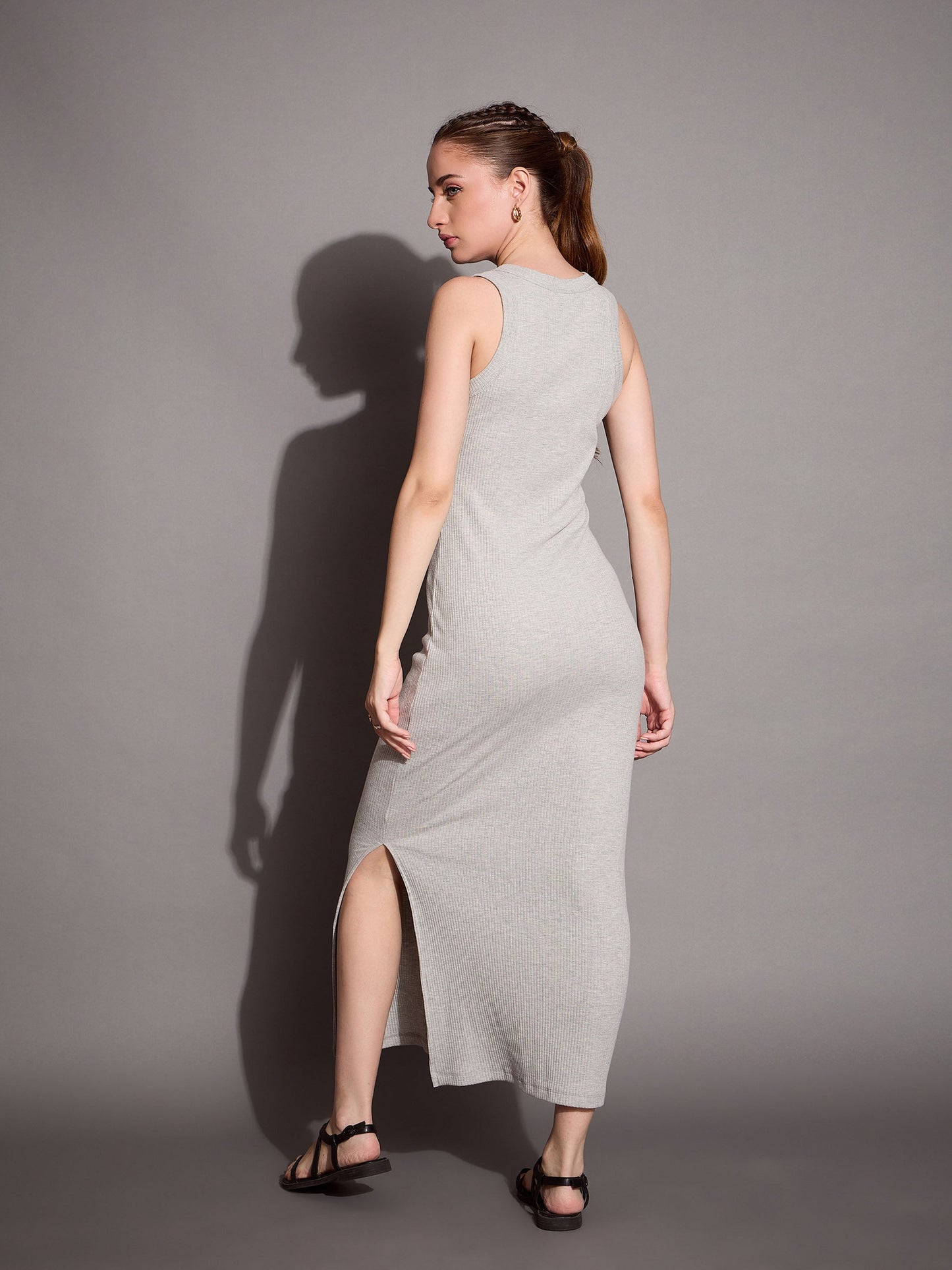 Grey Melange Ribbed Sleeveless Bodycon Maxi Dress
