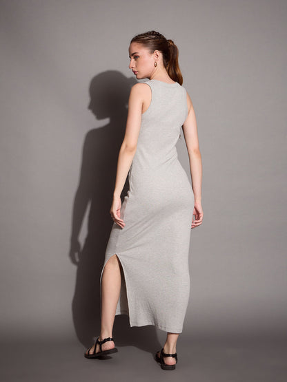 Grey Melange Ribbed Sleeveless Bodycon Maxi Dress
