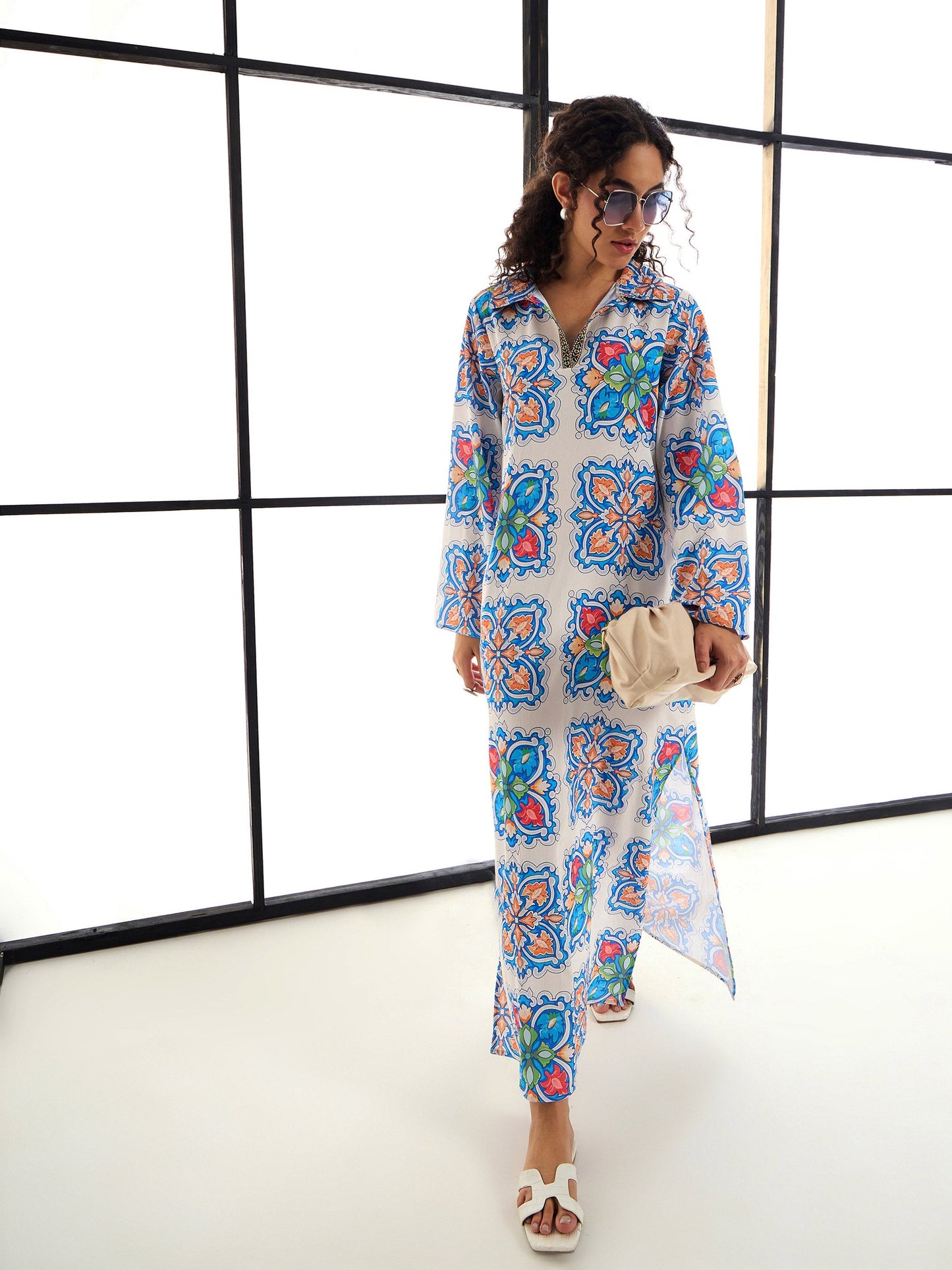 White & Blue Floral Abaya Dress