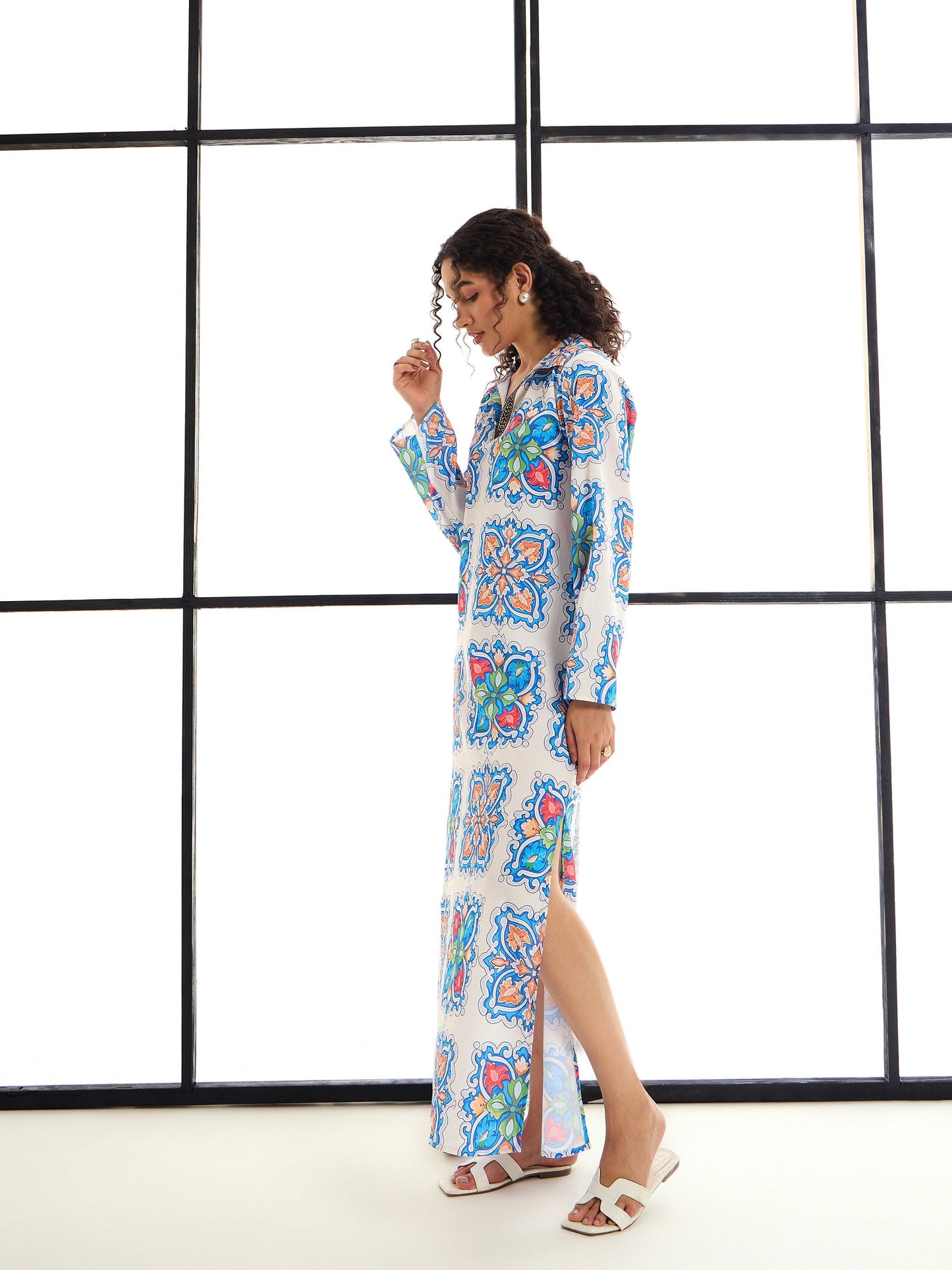 White & Blue Floral Abaya Dress