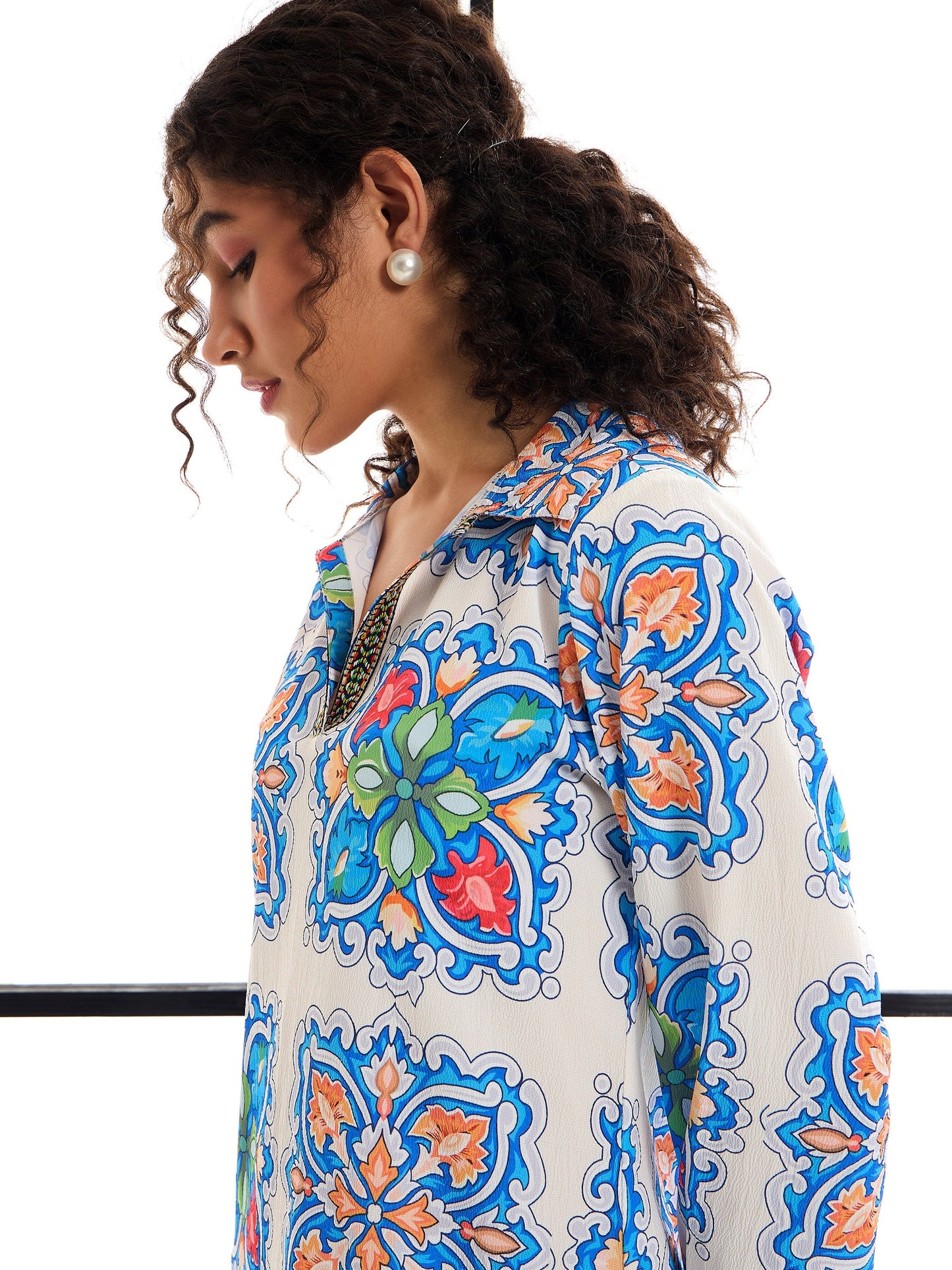 White & Blue Floral Abaya Dress