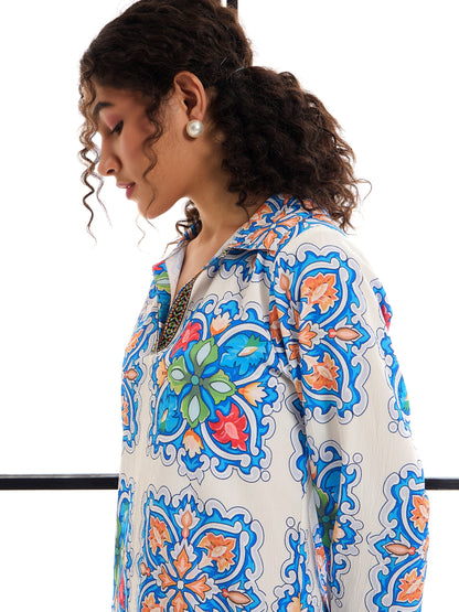 White & Blue Floral Abaya Dress