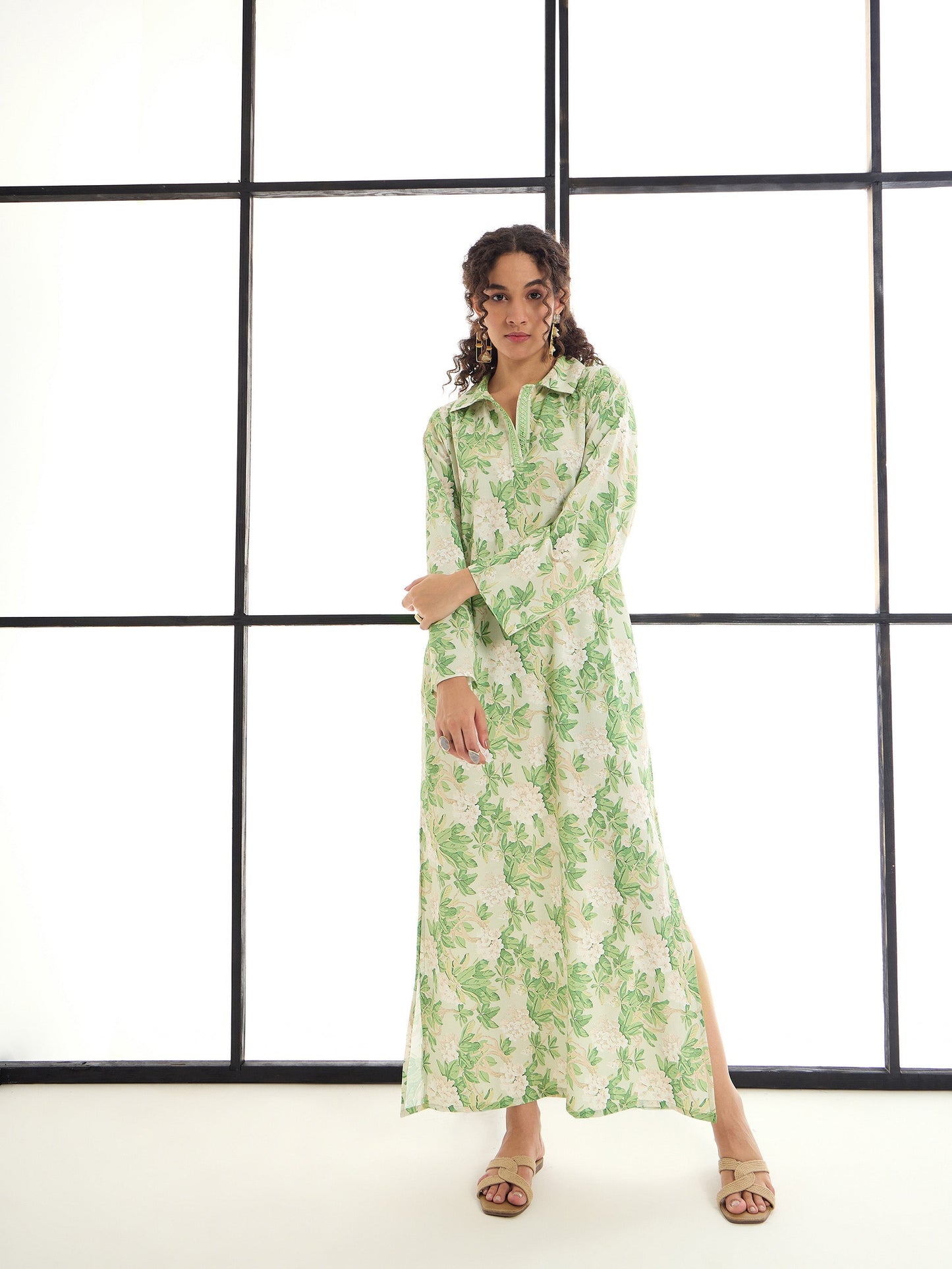 Green & Beige Floral Abaya Dress